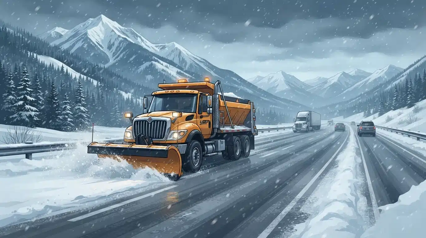 Snowplow clearing a snowy interstate below Utah peaks