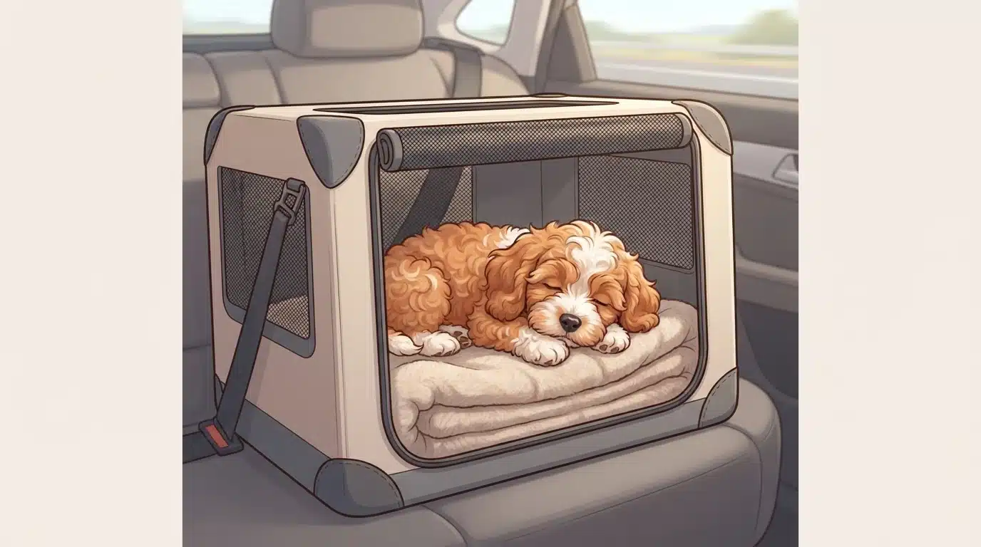 Fluffy Cavapoo puppy resting in travel crate