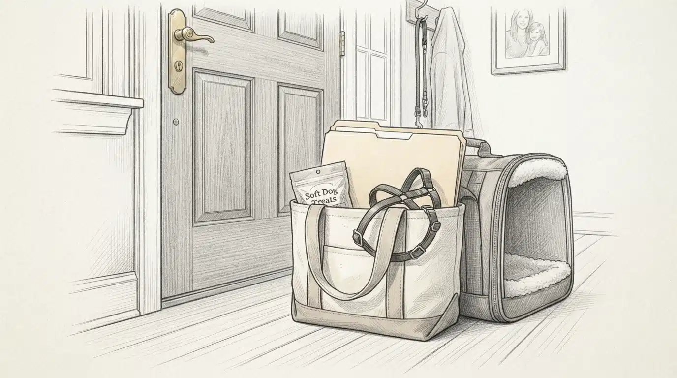 Tote bag with puppy supplies by door
