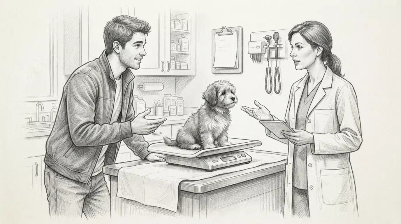 Owner and veterinarian discussing puppy beside exam table