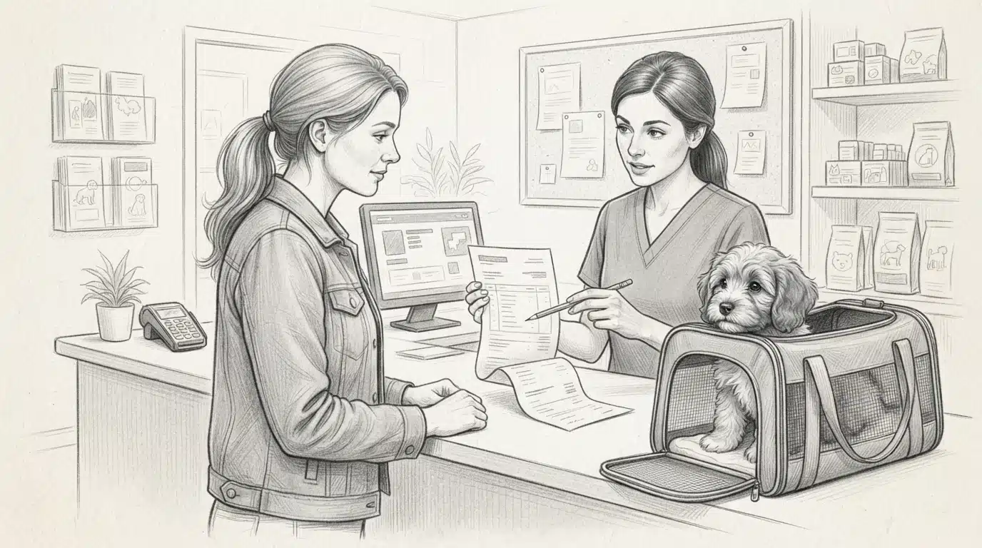Owner reviewing itemized invoice at clinic desk