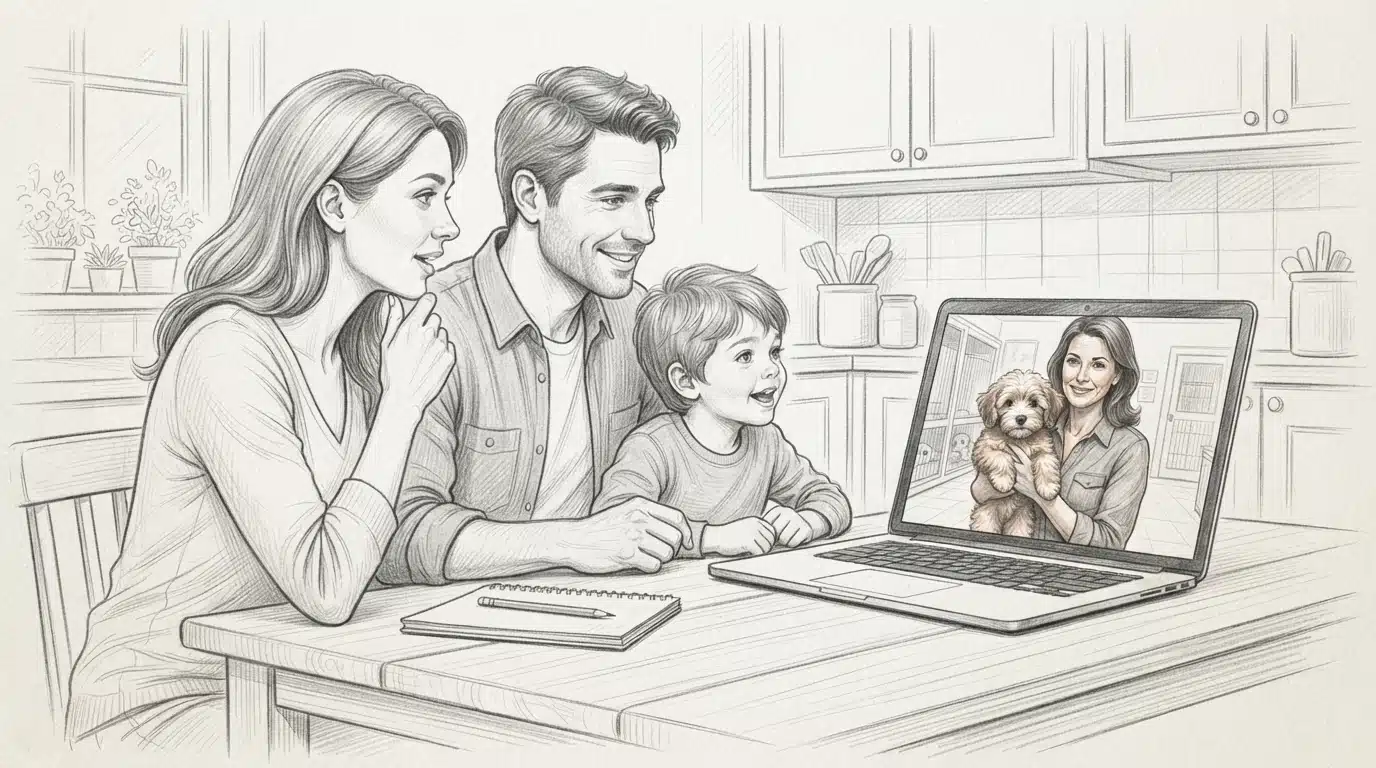 Family video-calls breeder with Havapoo puppy