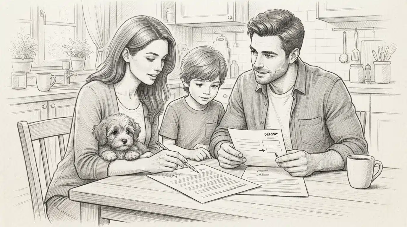 Family reviewing puppy contract at kitchen table