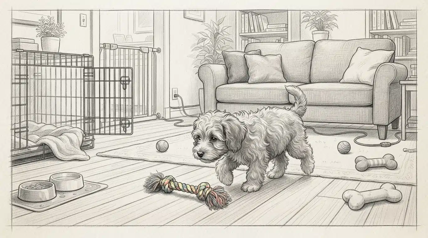 Havapoo puppy exploring a puppy-proofed living room