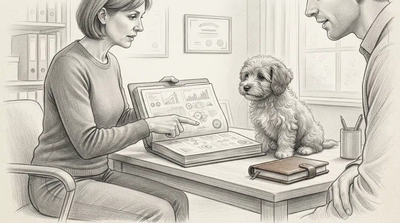 Breeder displaying health certificates beside a puppy
