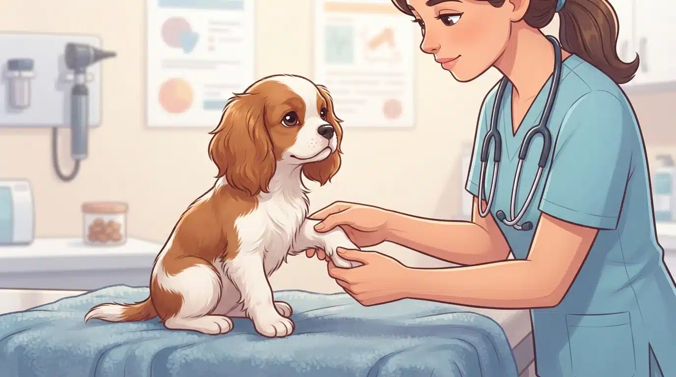 Veterinarian examining a small dog's leg
