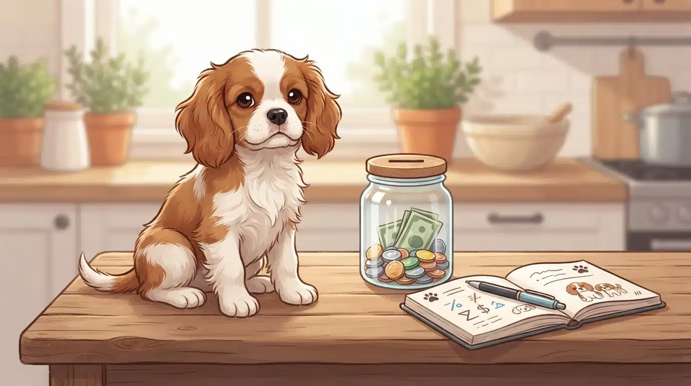 Small fluffy puppy beside savings jar and notebook