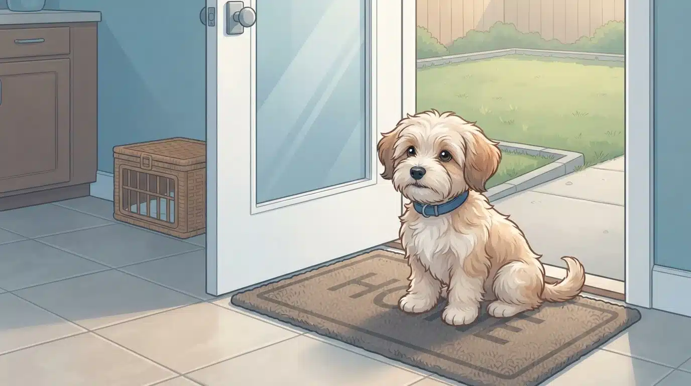 Havanese puppy waiting by the back door