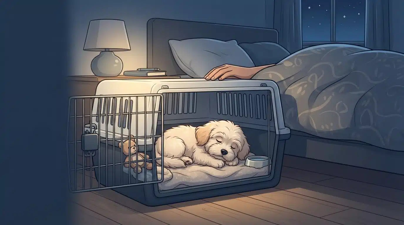 Havanese puppy sleeping peacefully in a nighttime crate beside bed