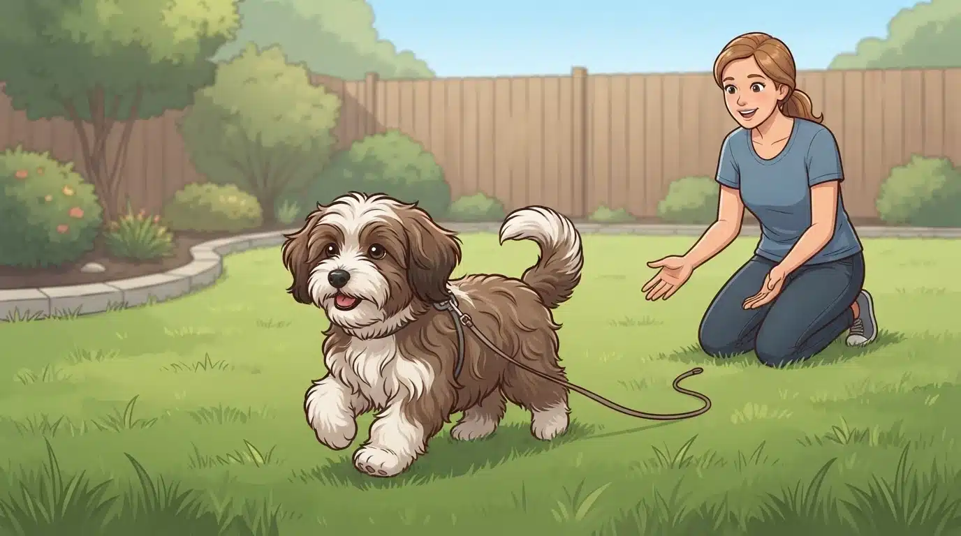 Havanese puppy trotting across grass toward owner