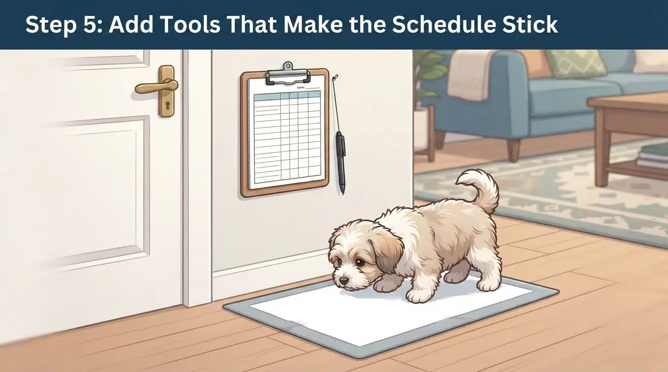 Havanese puppy sniffing pad near wall-mounted log