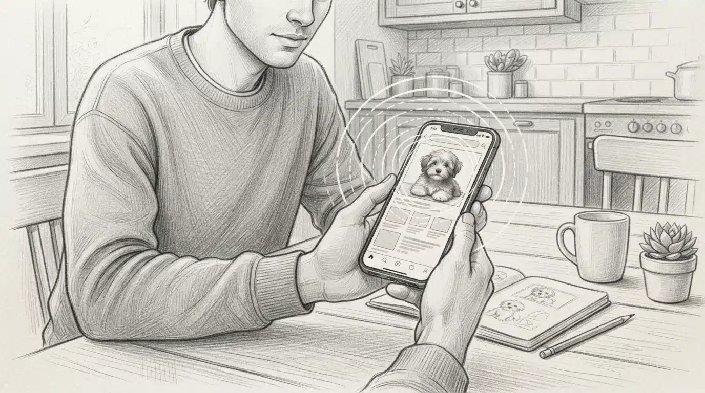 Person at kitchen table searching a puppy photo on a phone