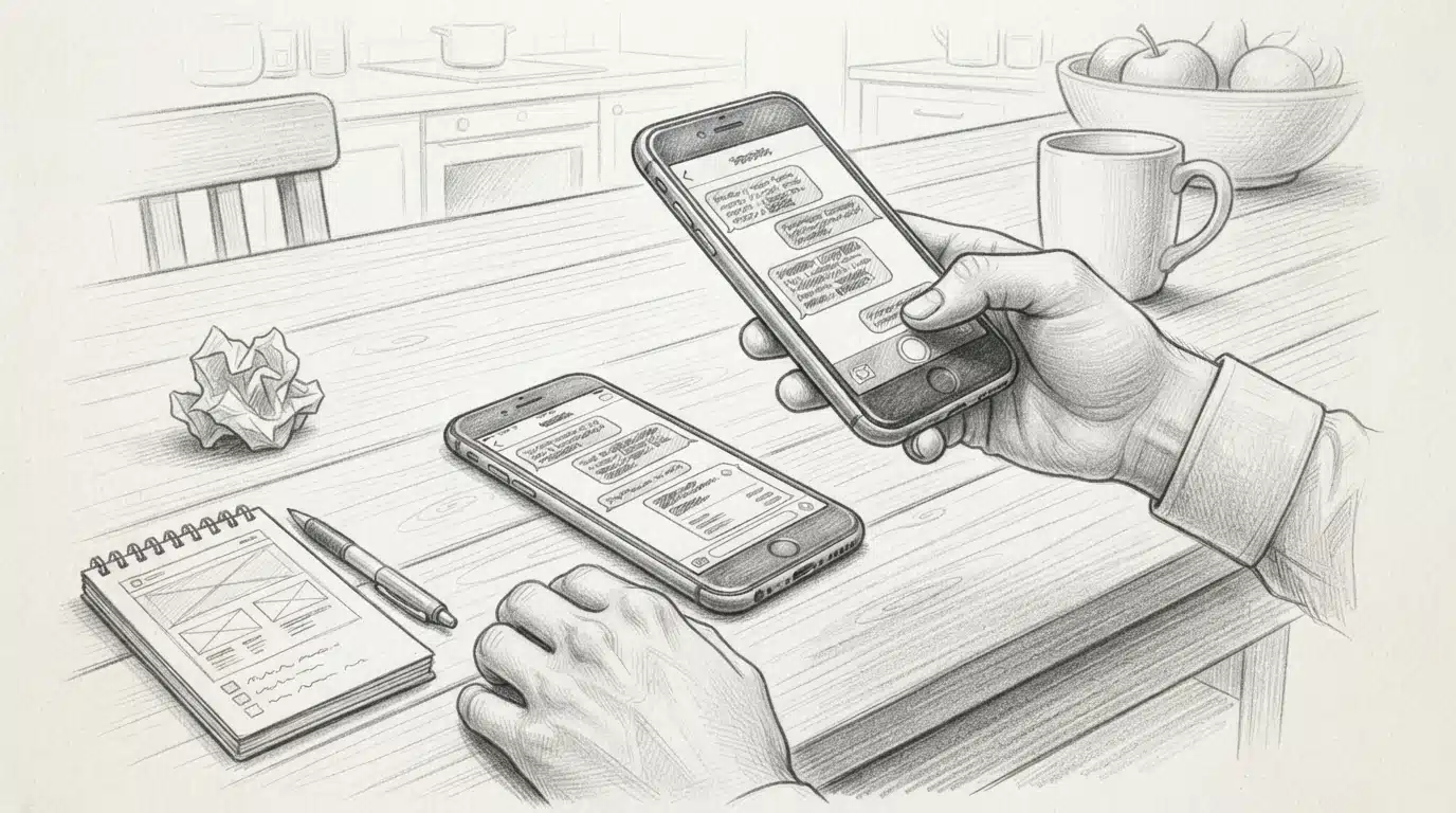 Person documenting phone screenshots at kitchen table