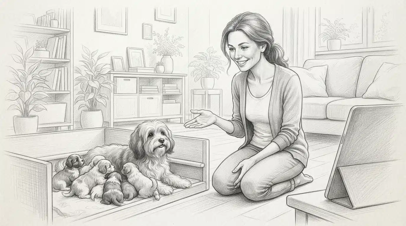 Breeder video calling with mother Havanese and puppies