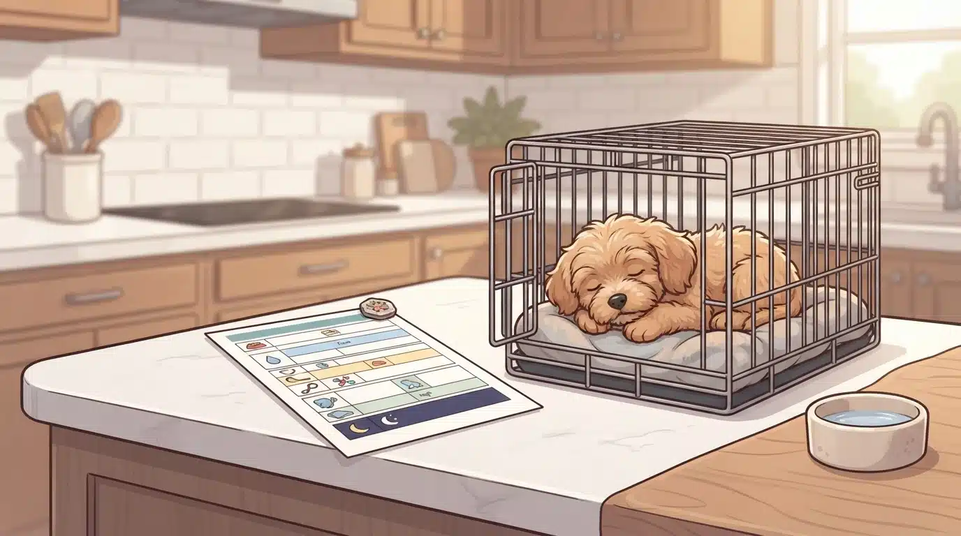 Havapoo puppy napping beside a printed schedule