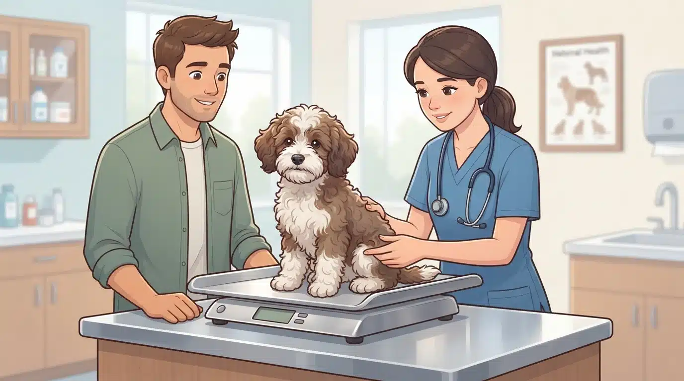 Havapoo puppy examined on a vet scale