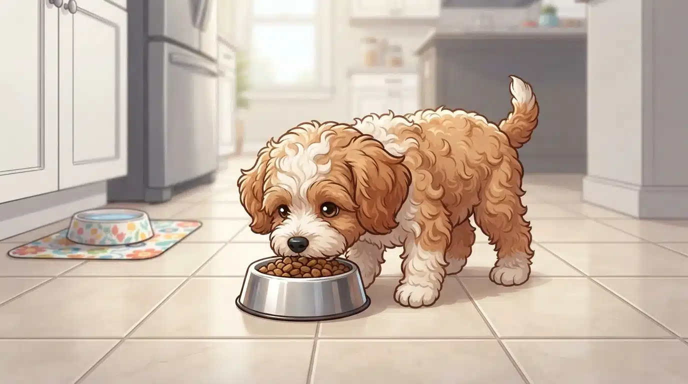Havapoo puppy eating from a small bowl on tiled kitchen floor