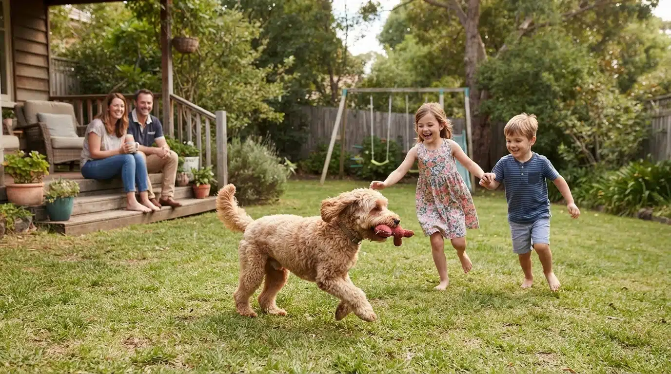 Golden Cockapoo playing fetch with children in a backyard