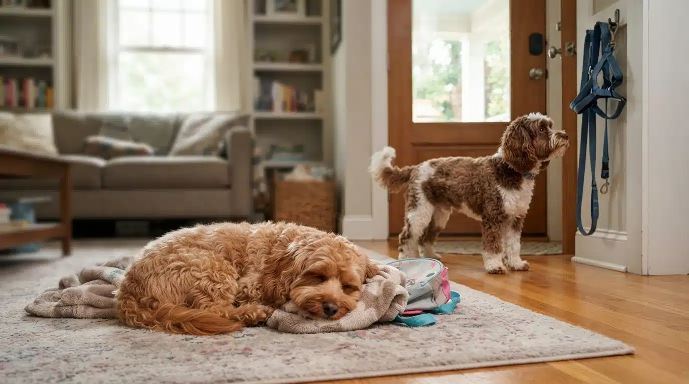 Two small dogs near a childs backpack