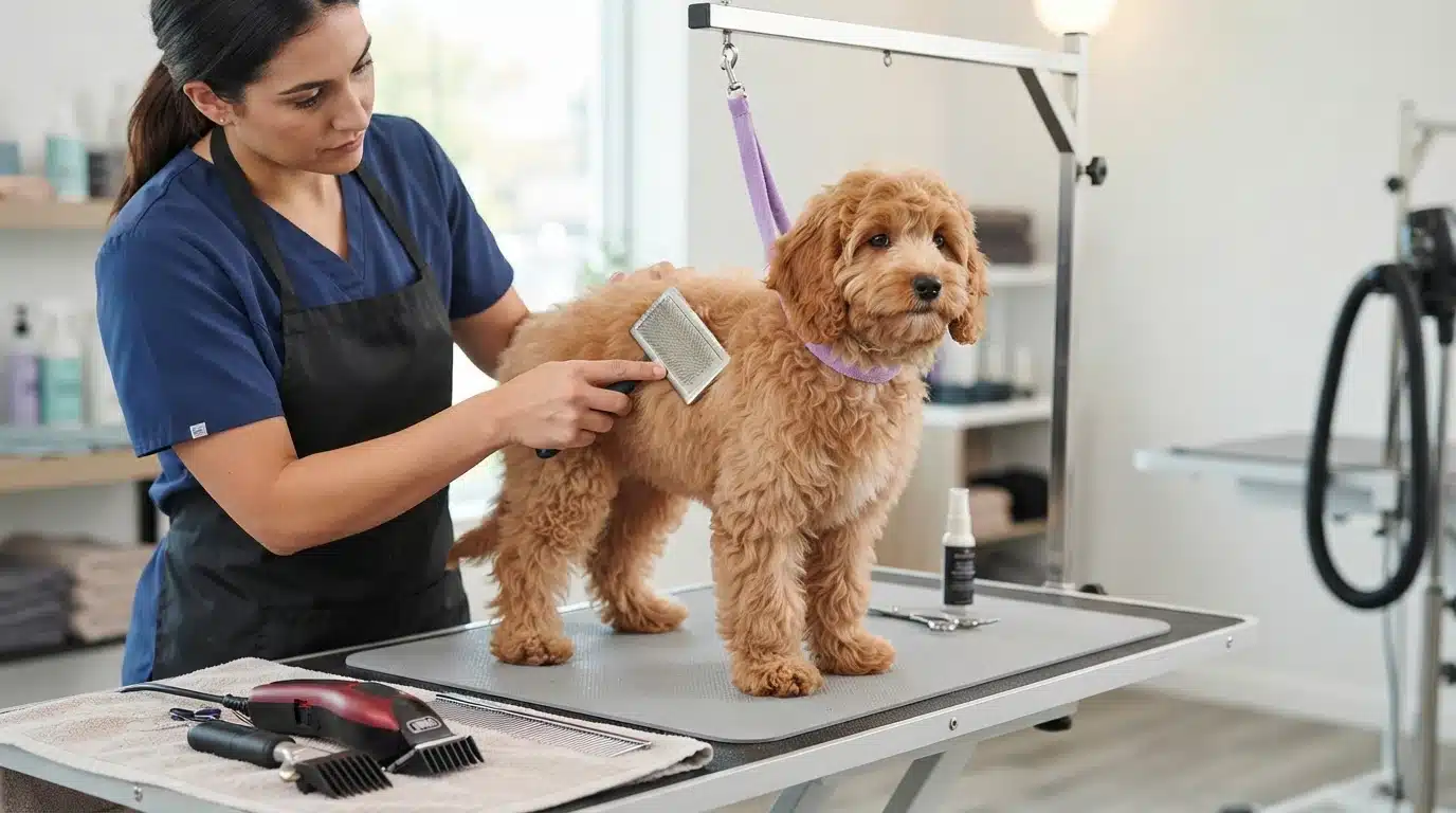 Cavapoo puppy being brushed on grooming table