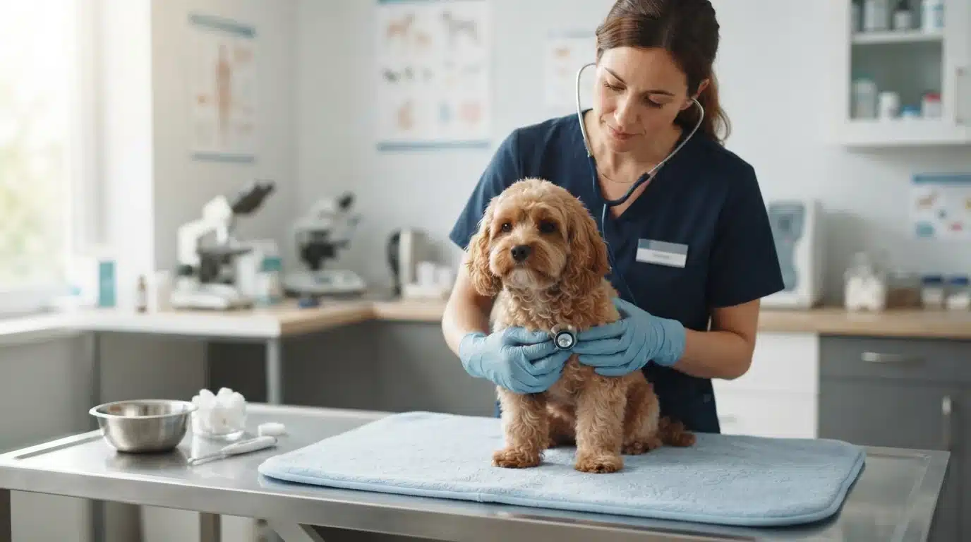 Veterinarian examines a calm Cavapoo