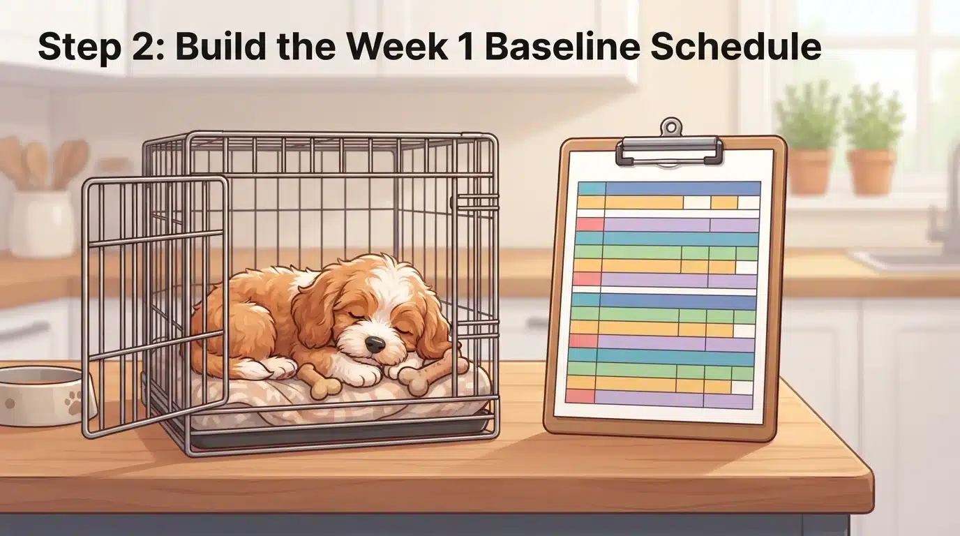 Cavapoo puppy napping in crate beside printed schedule
