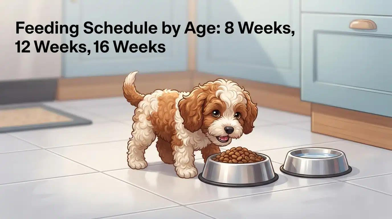 Cavapoo puppy eating from stainless steel bowl