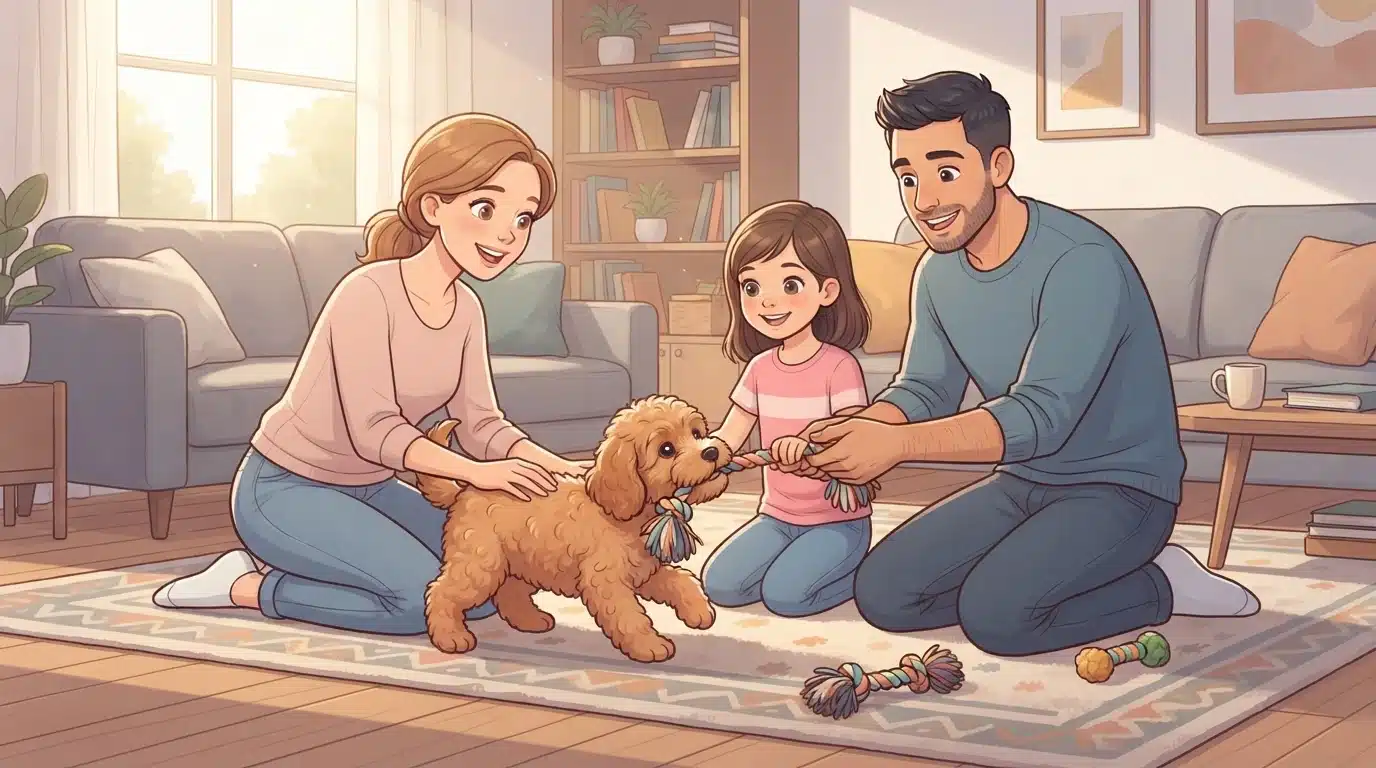 Family plays tug with fluffy Cavapoo puppy on sunlit rug