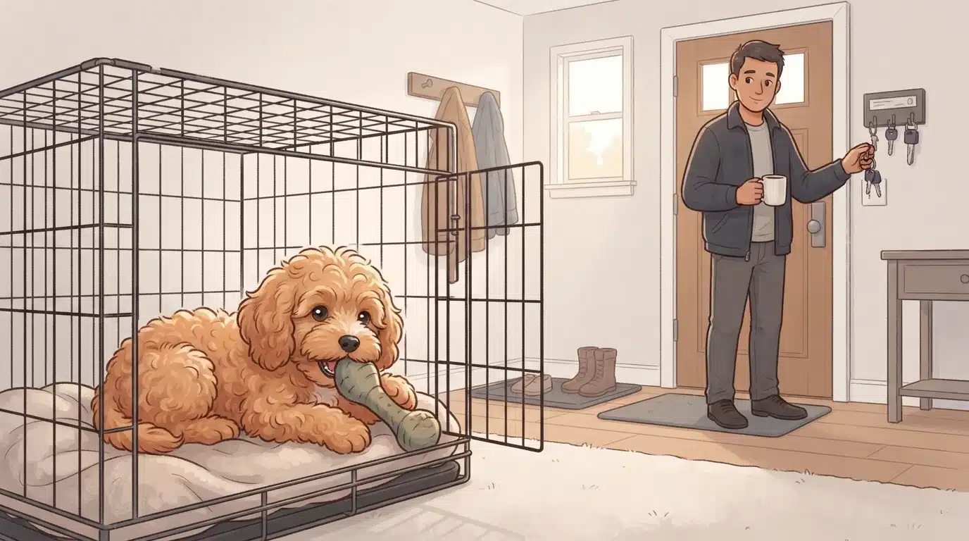 Cavapoo puppy settling into crate with chew toy