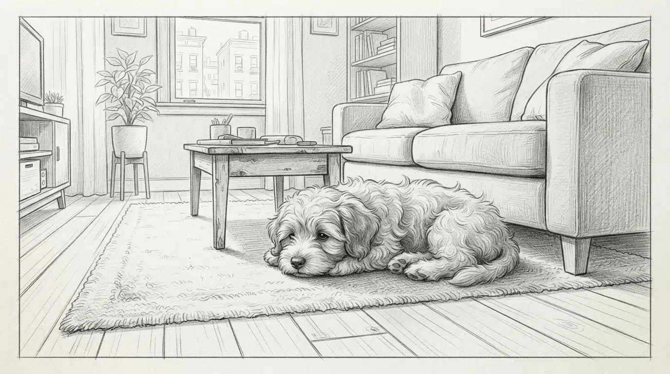 Small puppy resting in compact apartment