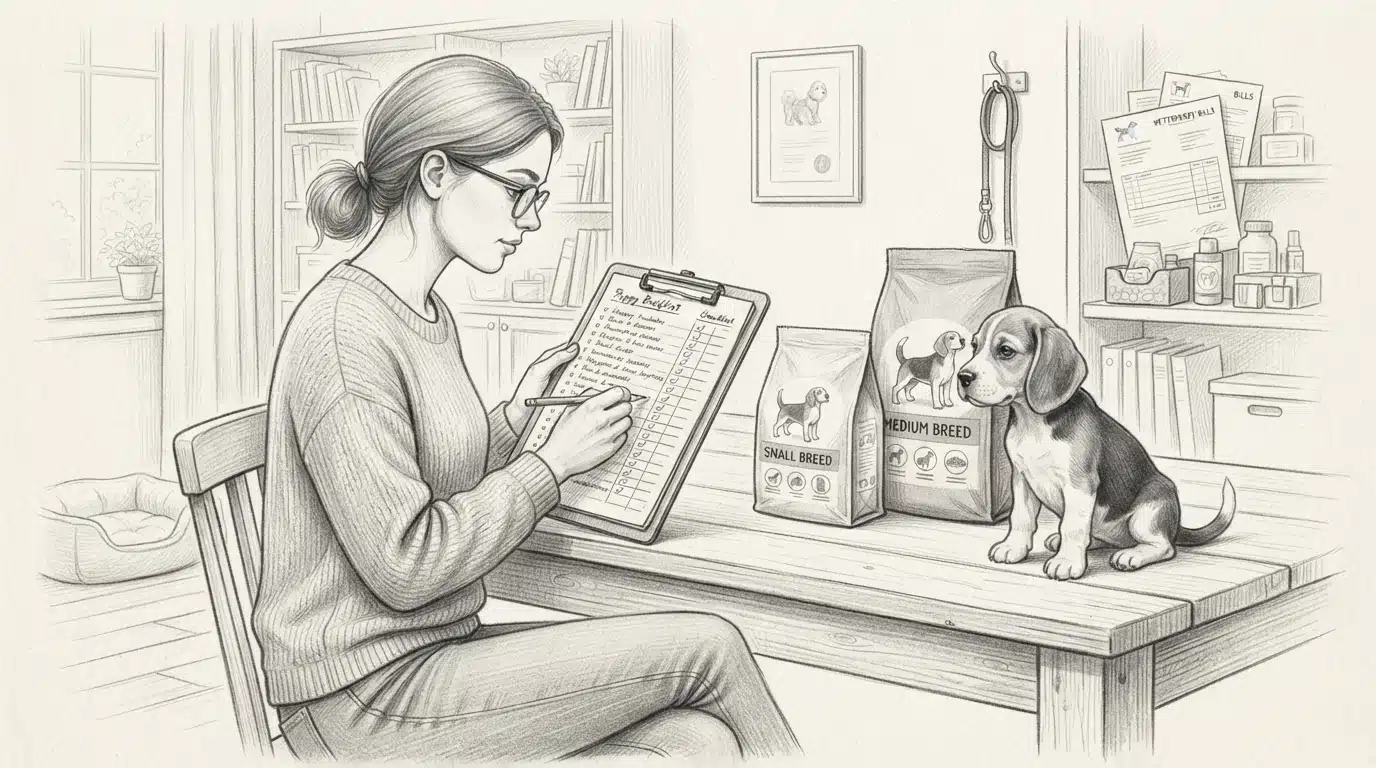 Owner tallying puppy budget beside small dog and kibble