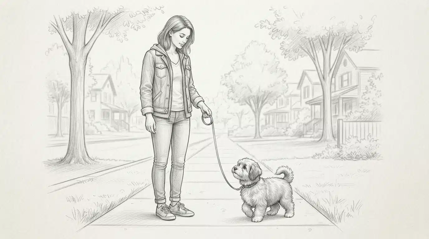 Owner leash-training a small puppy on sidewalk