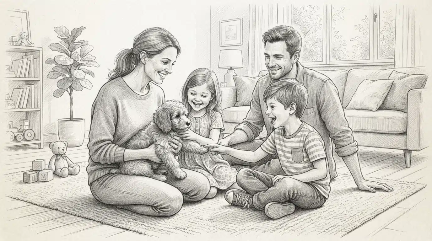 Family playing with a small Cavapoo puppy