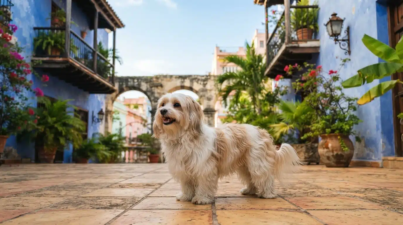 Havanese dog on sunlit Cuban terrace