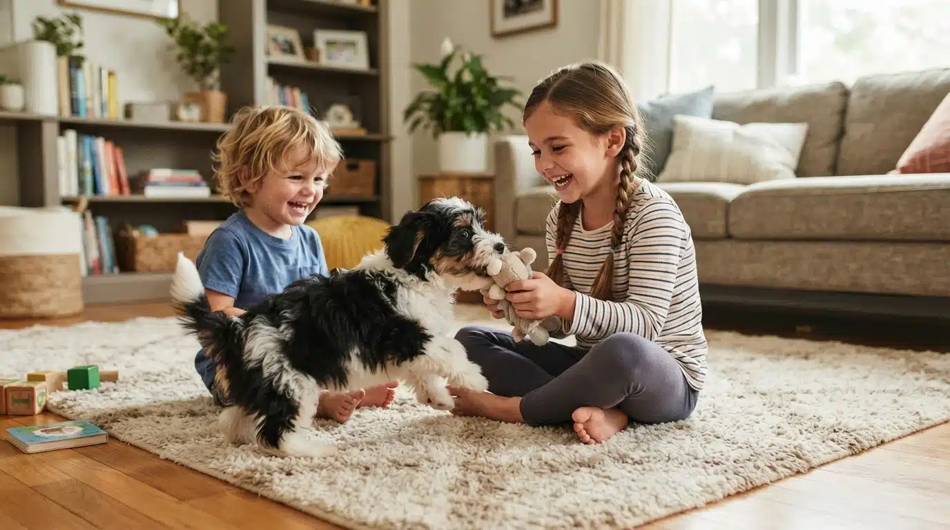Havanese puppy playing with children on rug