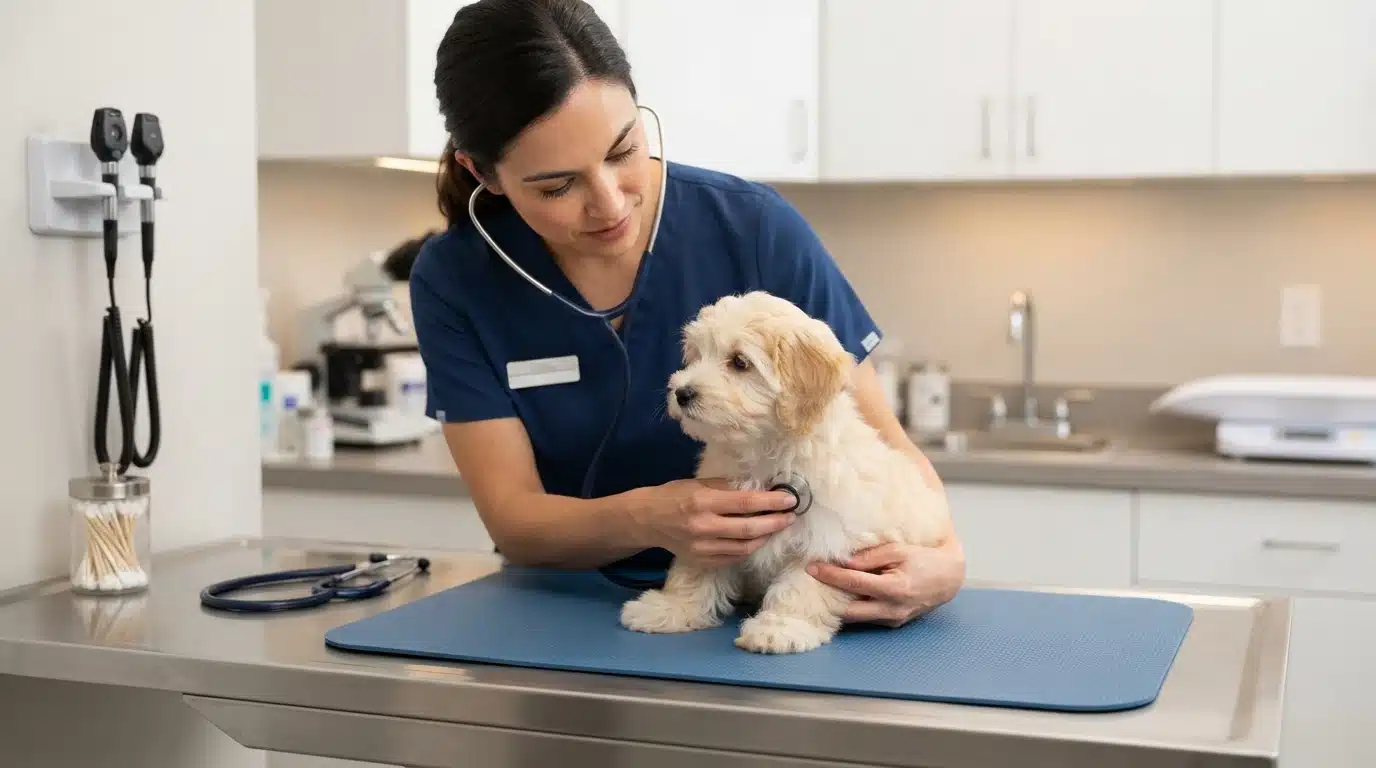 Veterinarian examining a Havanese puppy on a clinic table