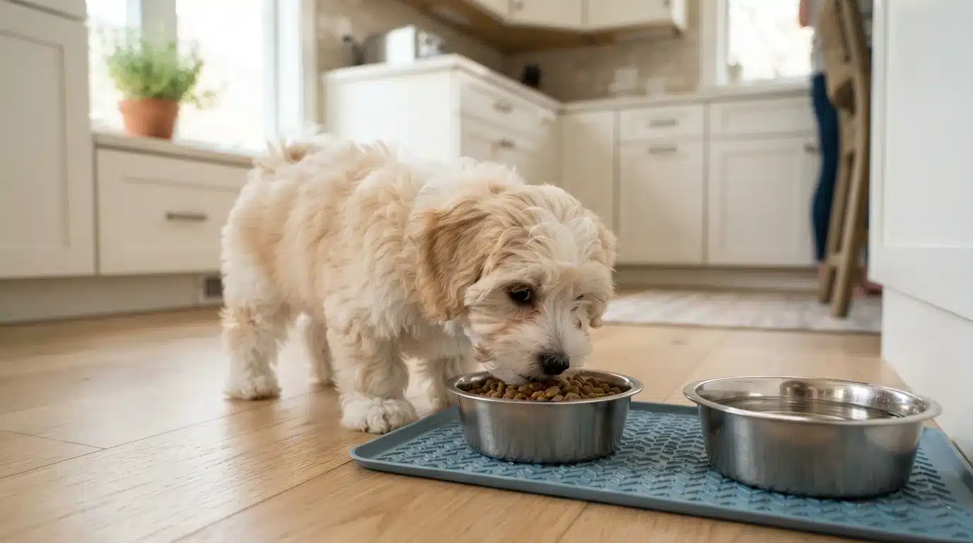 Havanese puppy eating beside a water bowl in a bright kitchen