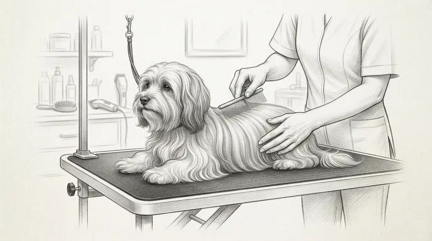 Havanese puppy being brushed on grooming table