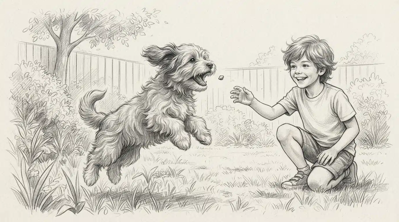 Child training a Havanese puppy outdoors