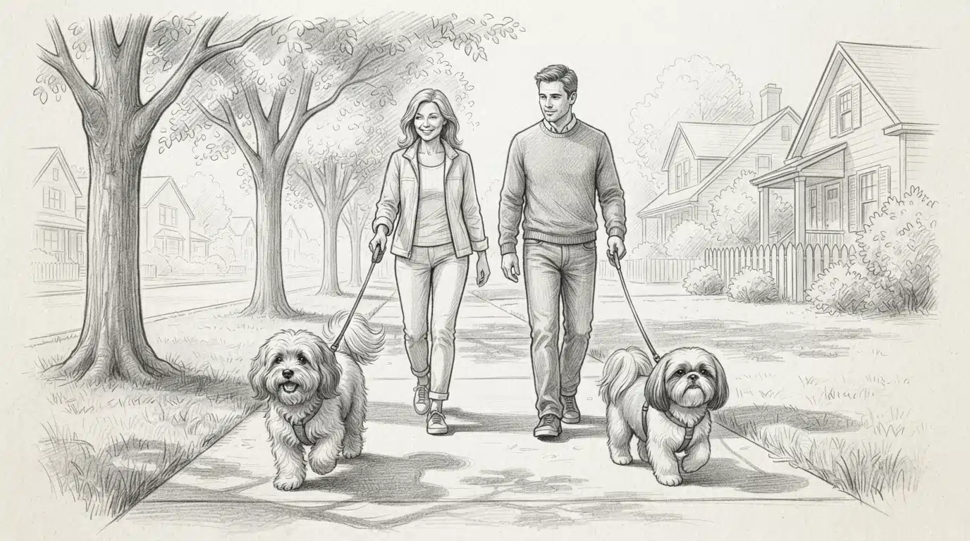 Two dogs walking with owners on a shaded sidewalk