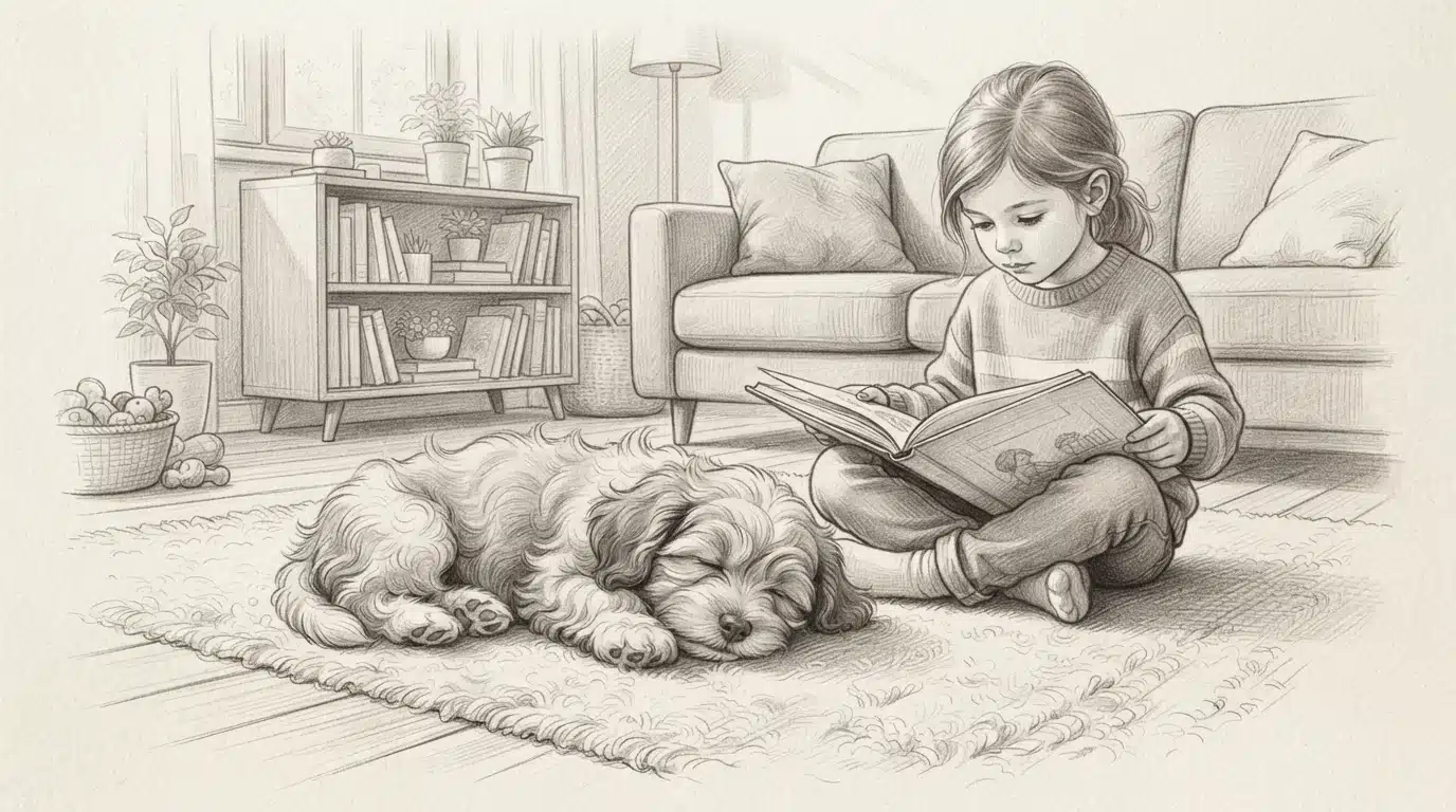 Havanese puppy beside a child reading