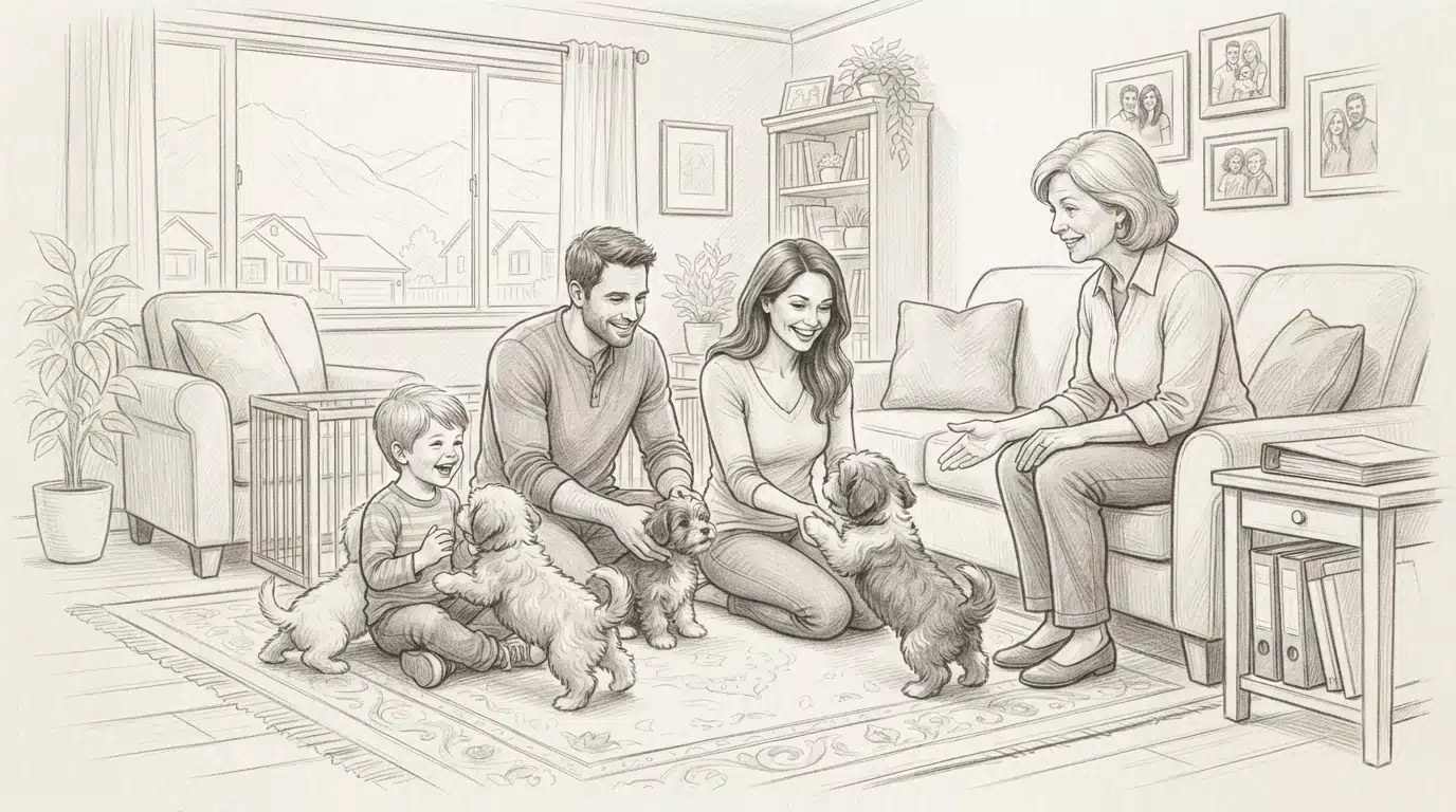 Family greeting Havanese puppies in a cozy living room