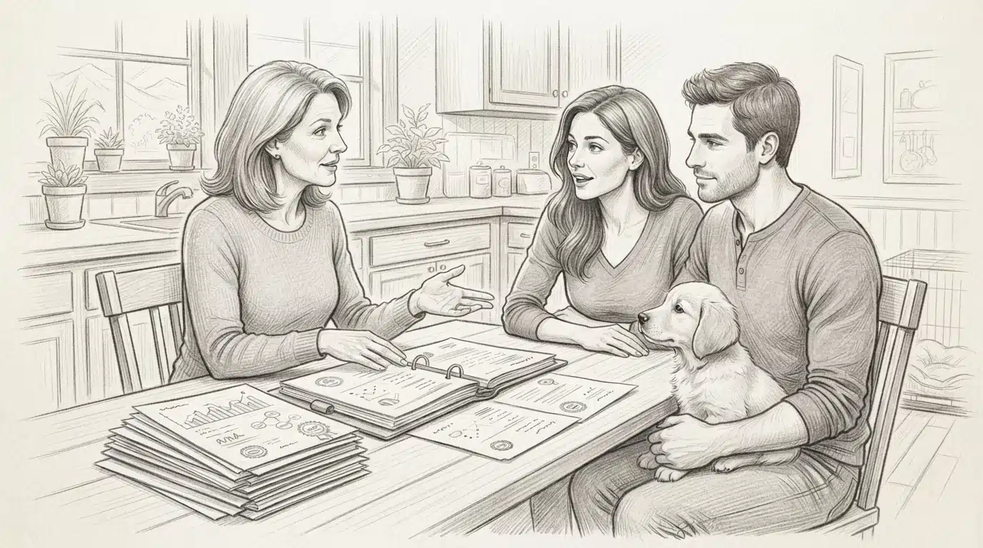 Breeder showing health certificates to a family
