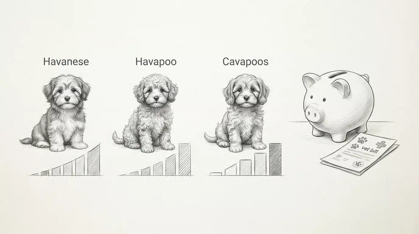 Pencil sketch infographic with puppies, piggy bank, and receipt