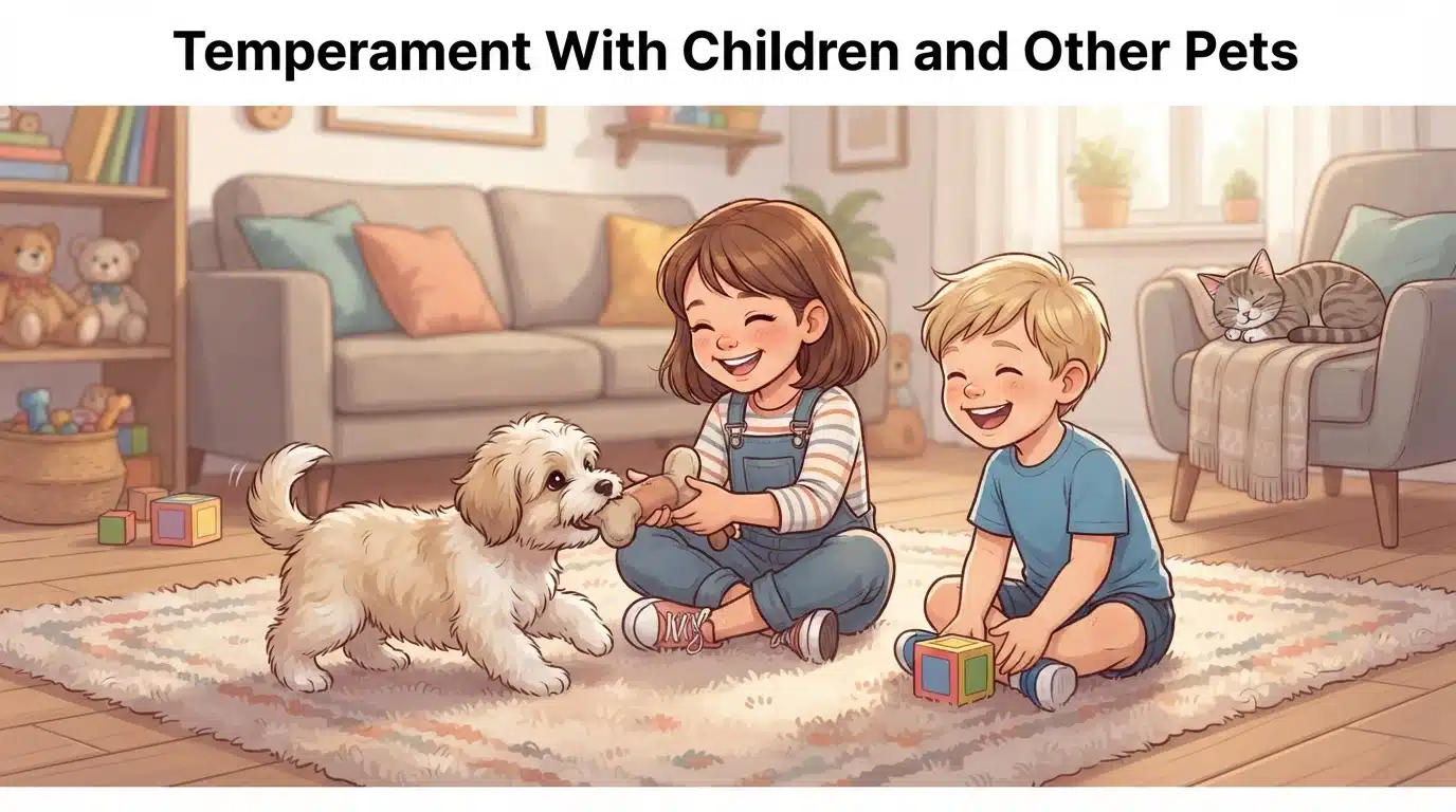 Havanese puppy playing with children on living room rug