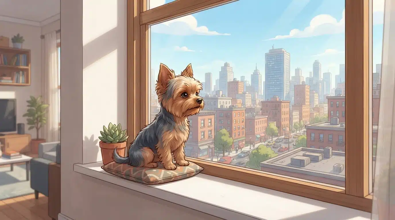 Yorkie perched alertly at sunlit apartment window