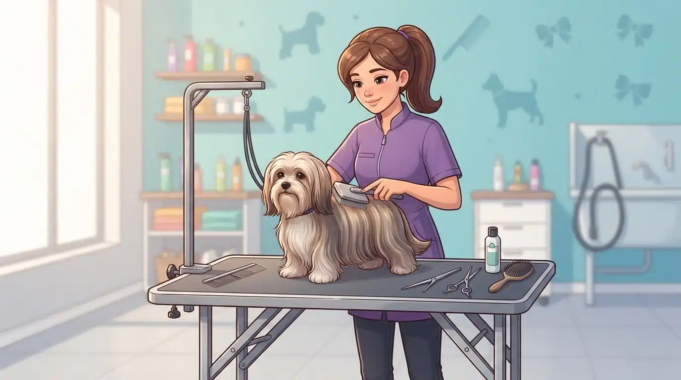 Groomer brushing a silky-coated dog on table