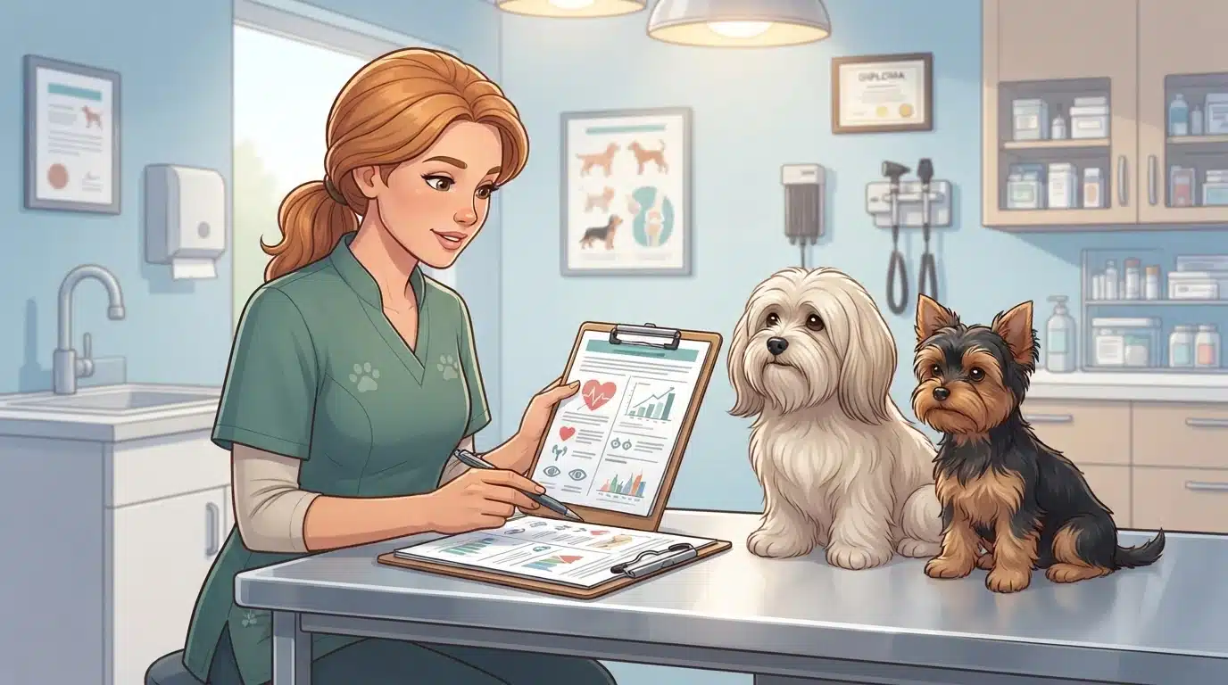 Breeder examining dogs beside health records