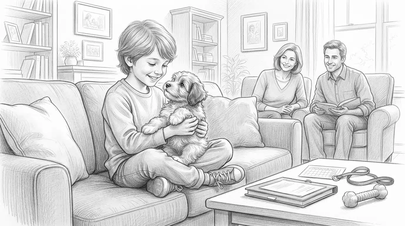 Child holding a fluffy puppy on a family sofa