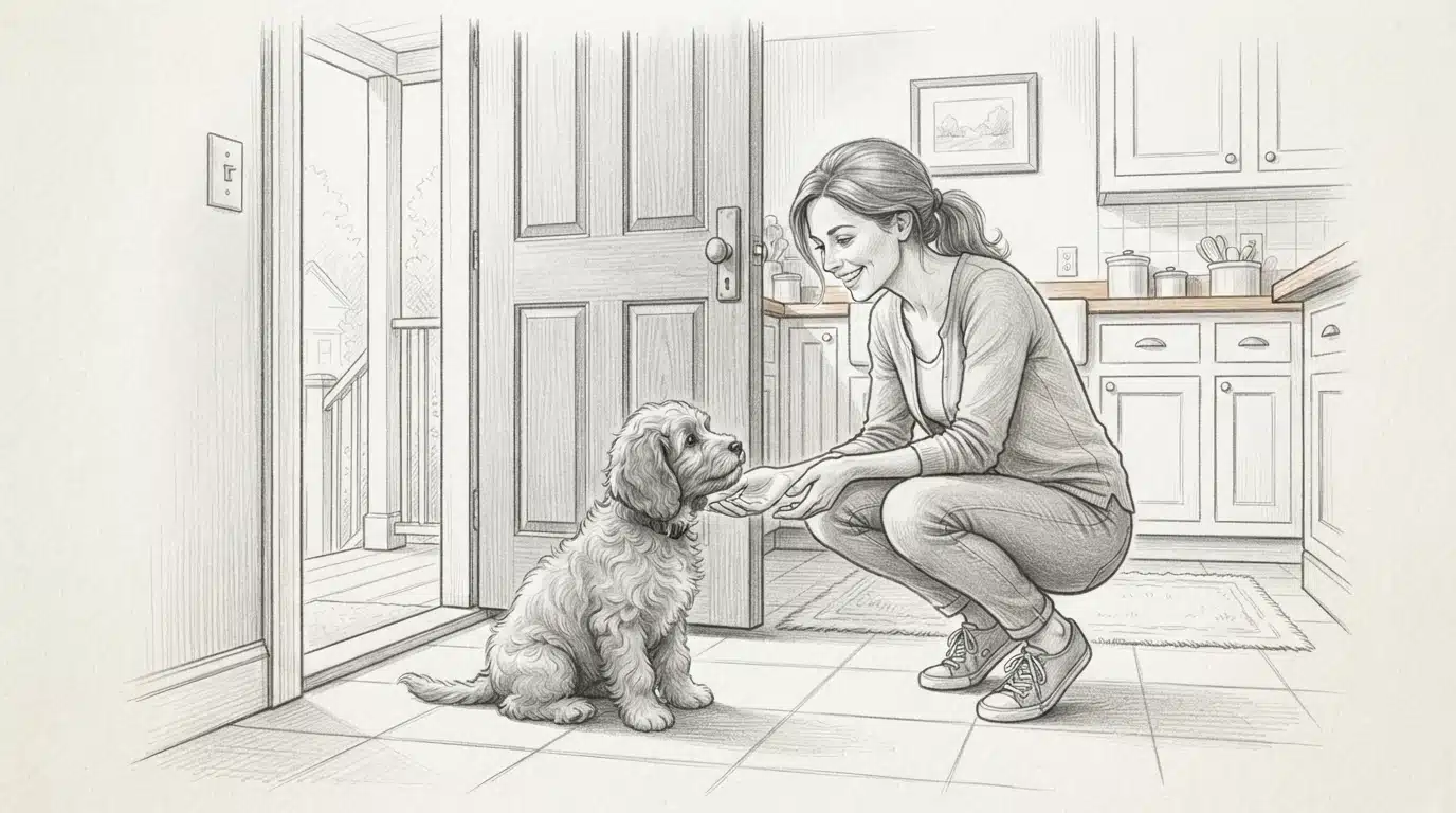 Puppy meeting visitor in family kitchen